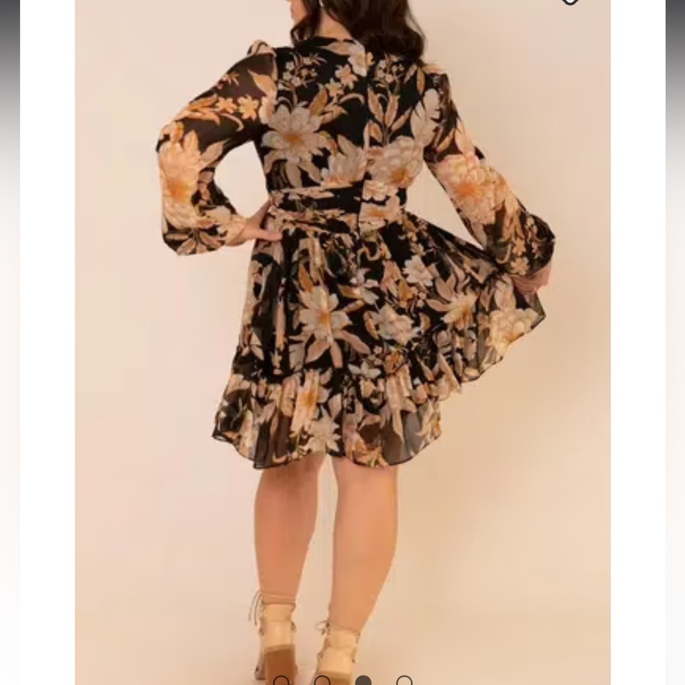SHEIKE Plunging Neck Sheer Long Sleeve Brown Black Floral Tropical Mini Dress - Picture 7 of 15